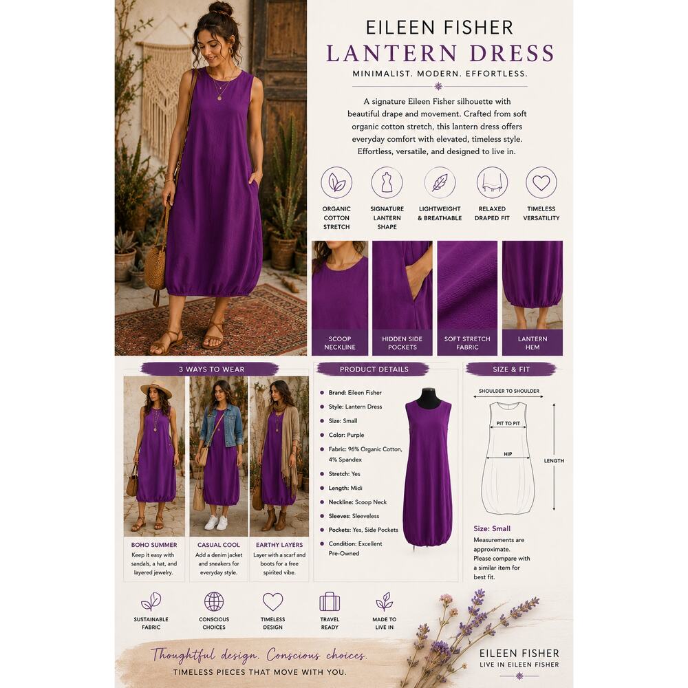 Eileen Fisher Lantern Dress Stretch Organic Cotton Midi SZS Minimalist